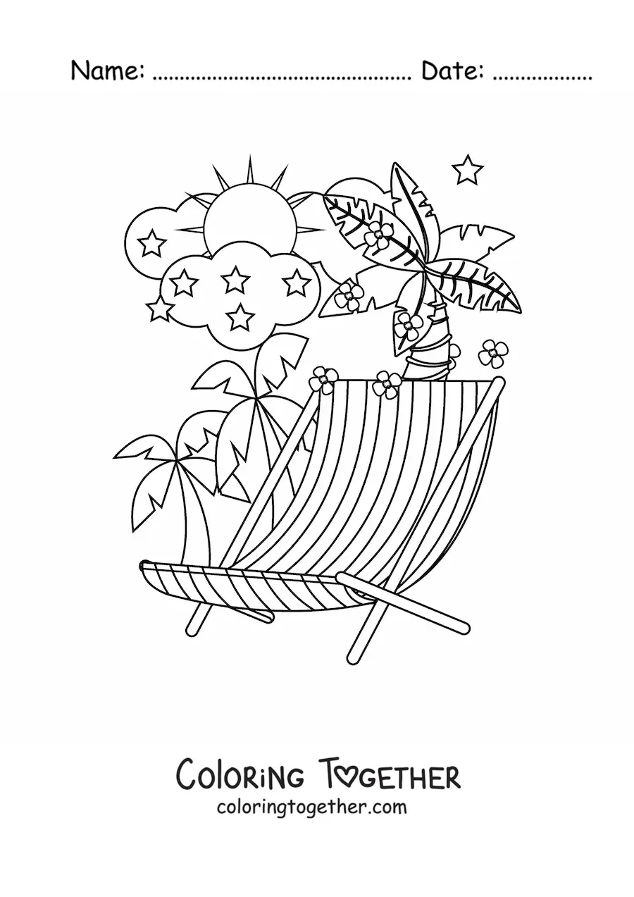 Coloring page of a beach chair and a summer landscape