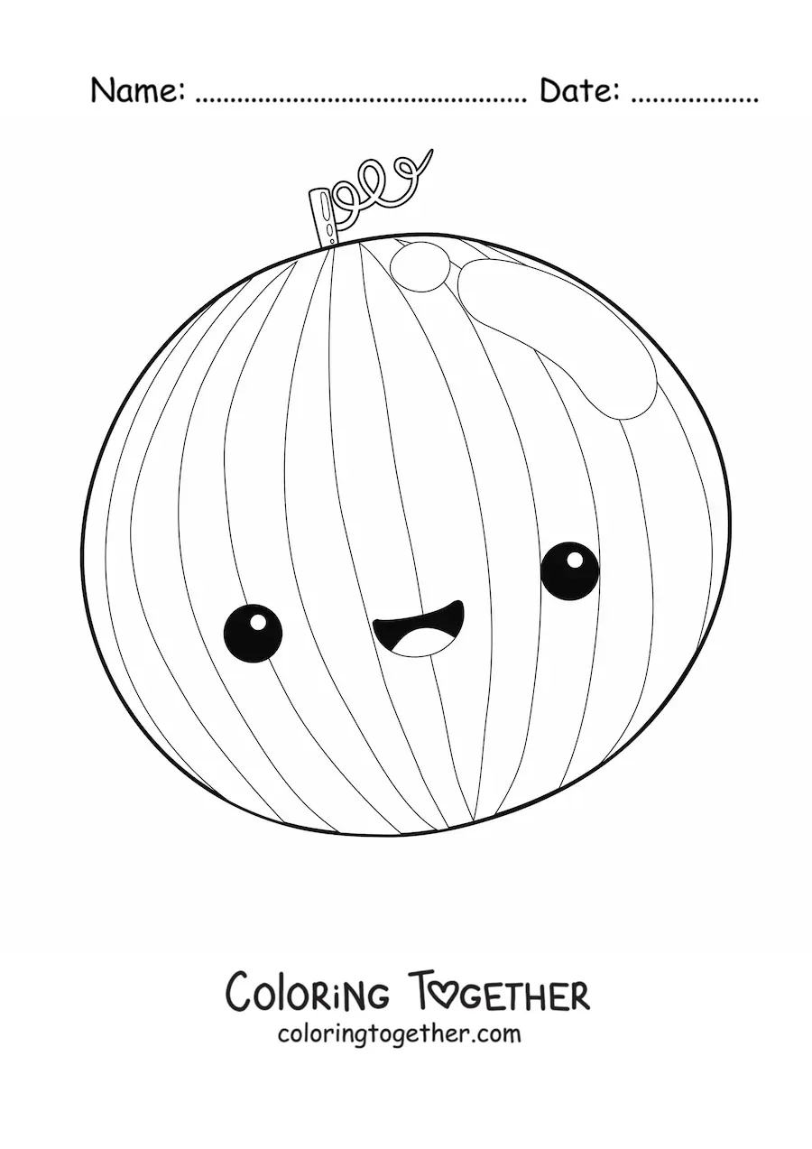 Coloring page of a cheerful whole kawaii watermelon