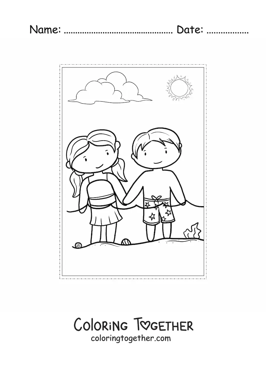 Coloring page of two children in summer