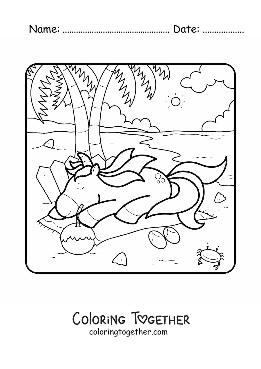 Coloring page of a unicorn resting on a beach