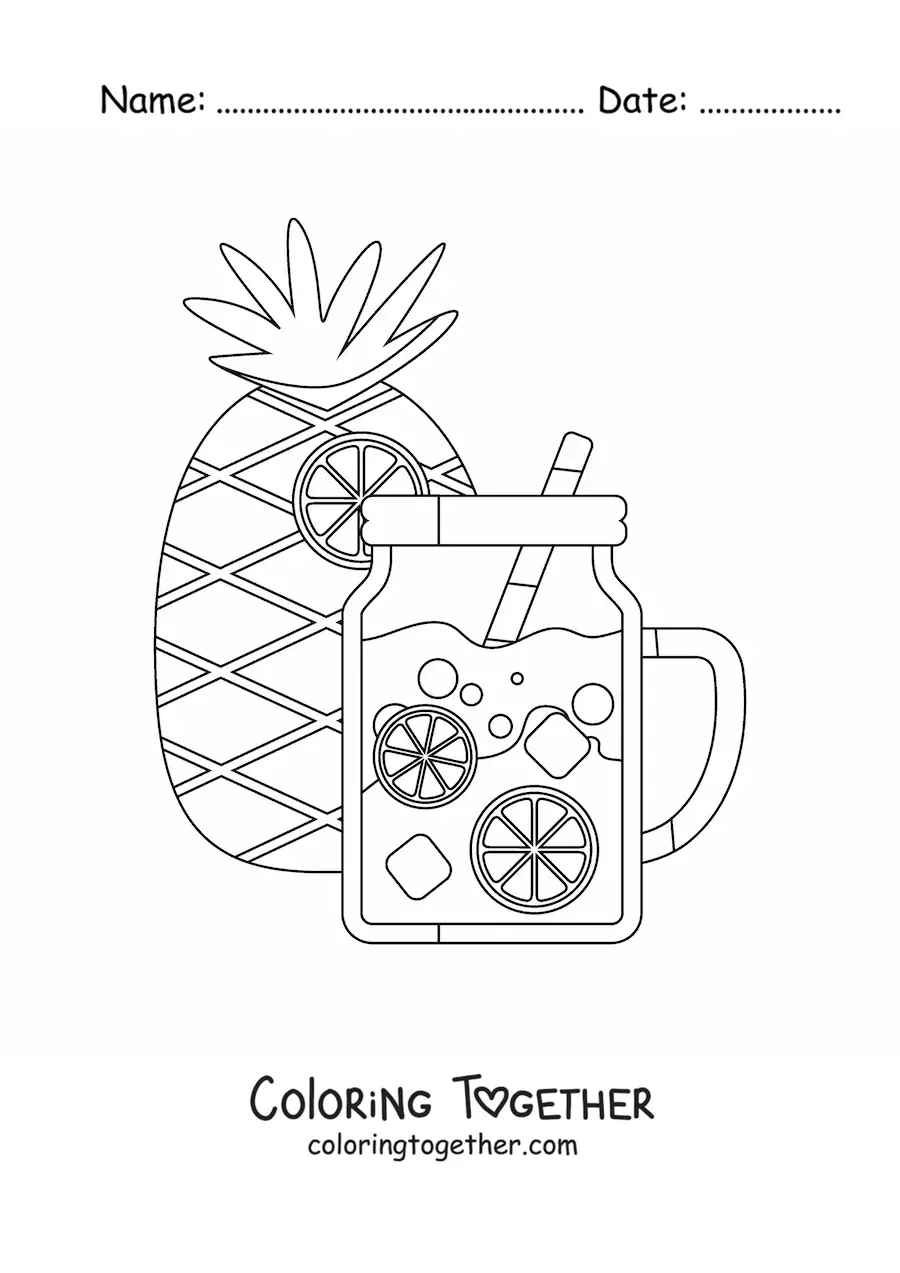 Coloring page of a pineapple and a refreshing drink