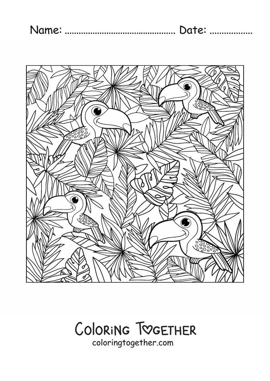 Coloring page of several kawaii toucans in summer