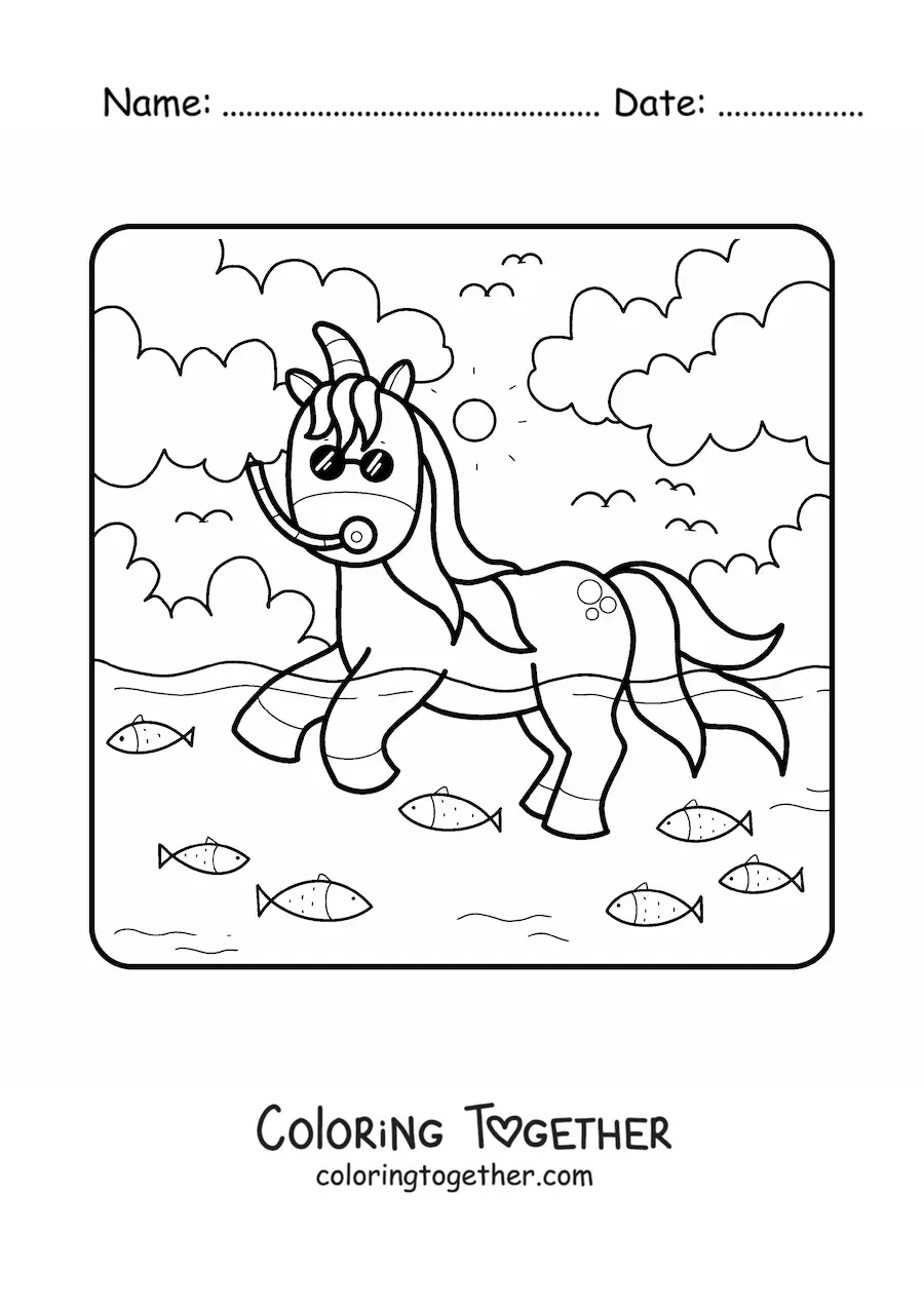 Coloring page of a unicorn at the sea in summer