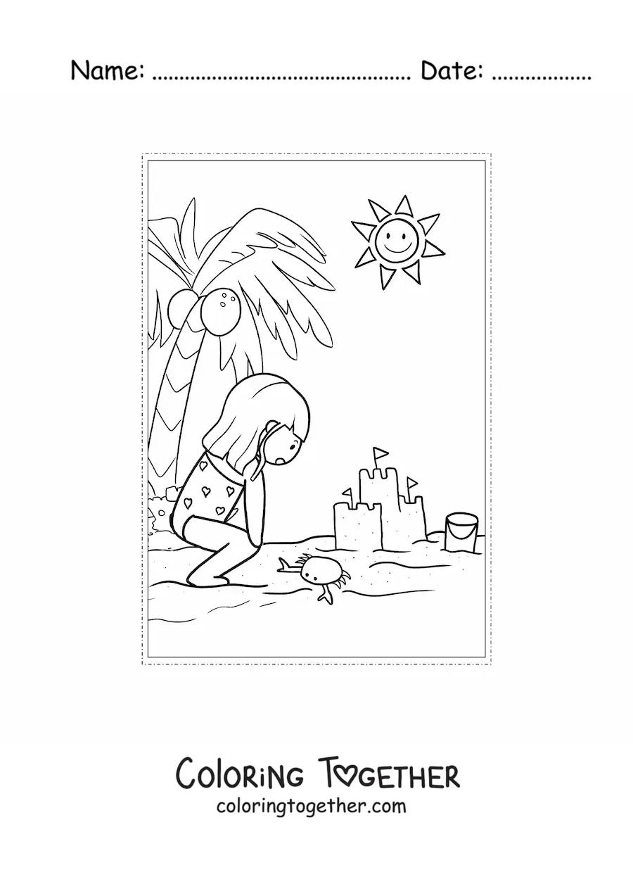 Coloring page of a girl on vacation at the beach