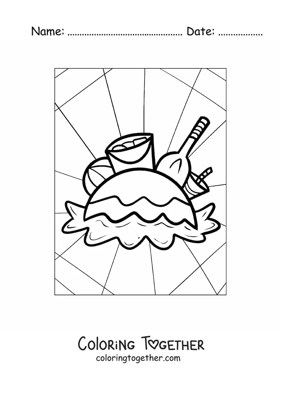 Coloring page of several beach toys for summer