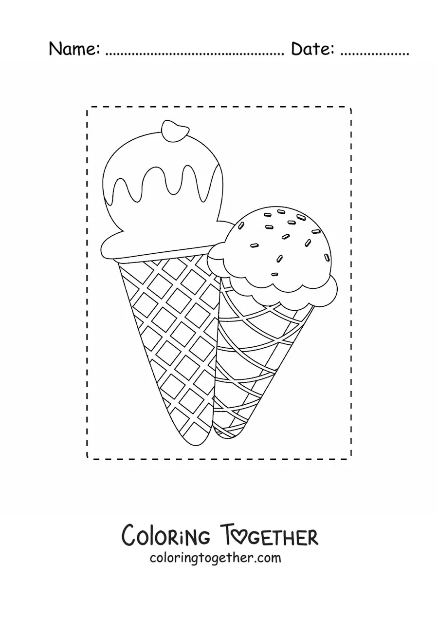 Coloring page of two ice cream cones for summer