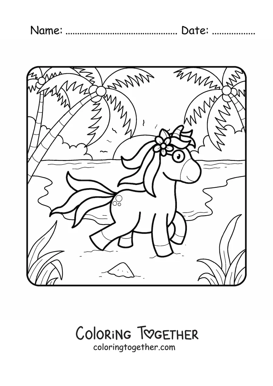 Coloring page of a unicorn out for a walk in summer