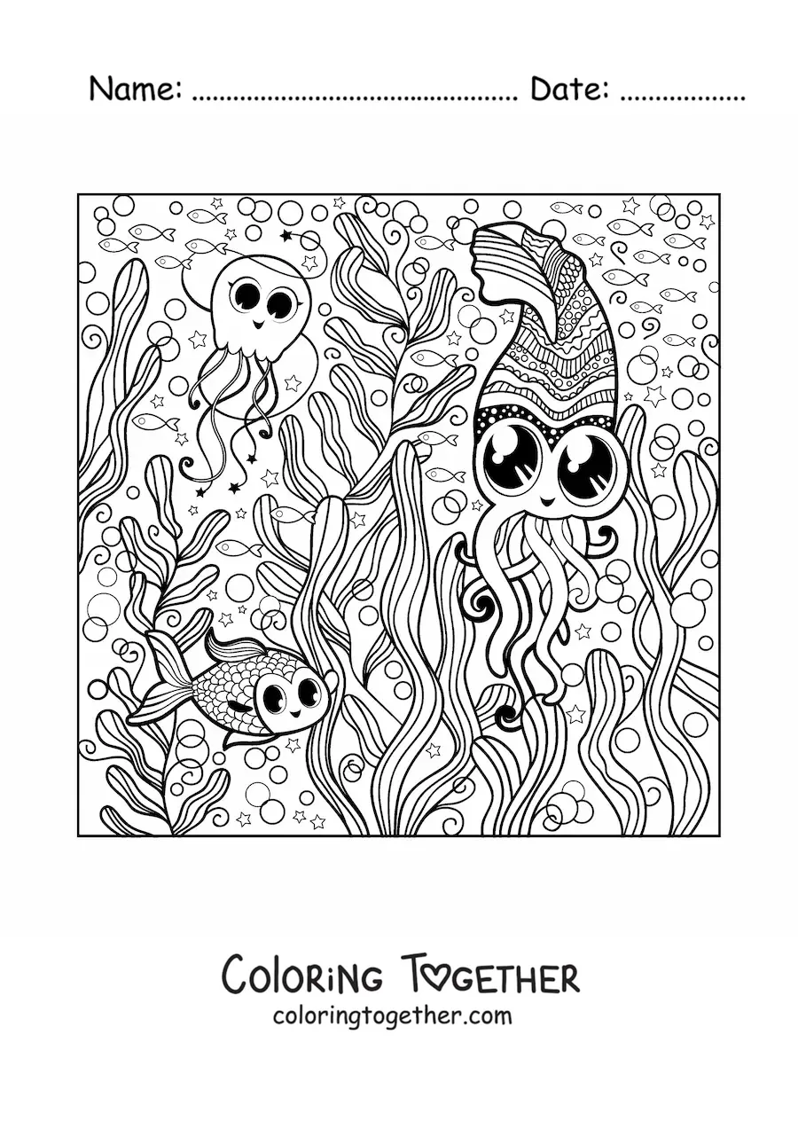 Coloring page of several kawaii sea animals
