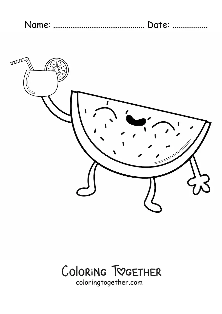 Coloring page of a summery cartoon watermelon drinking a smoothie