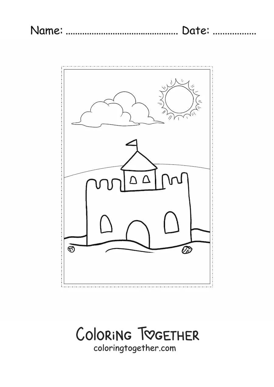 Coloring page of a sandcastle in summer