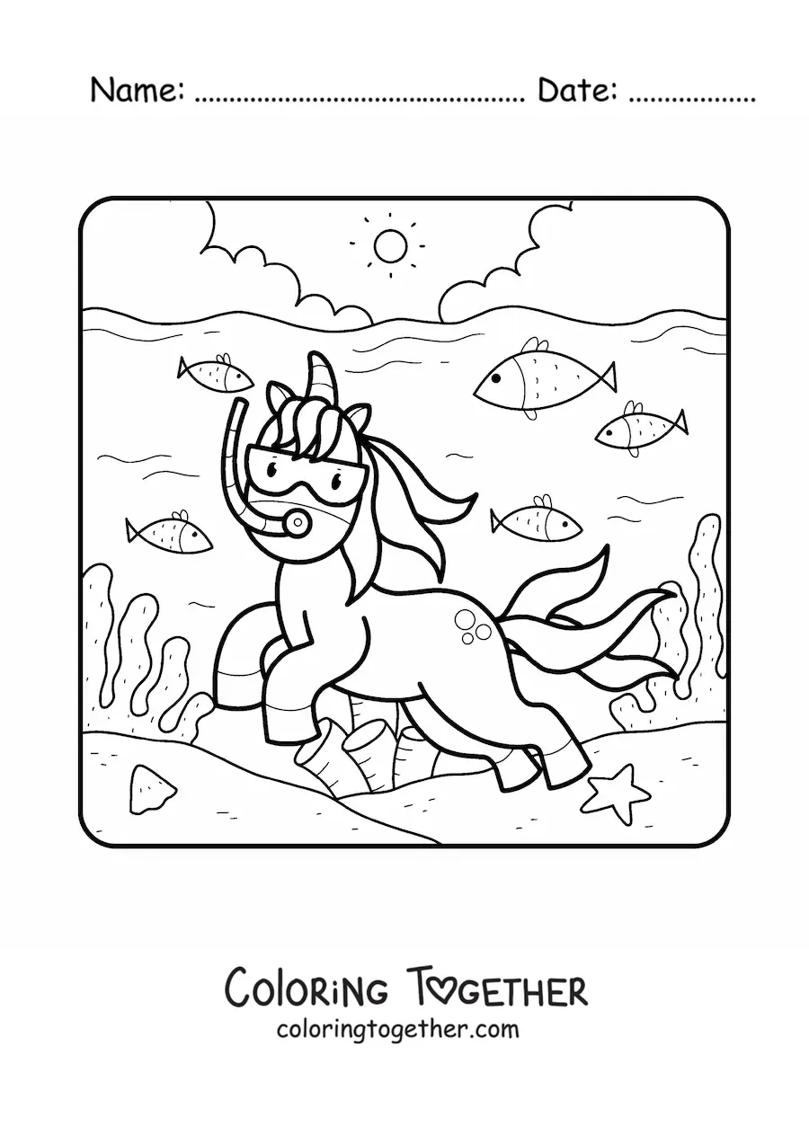 Coloring page of a unicorn swimming in the sea