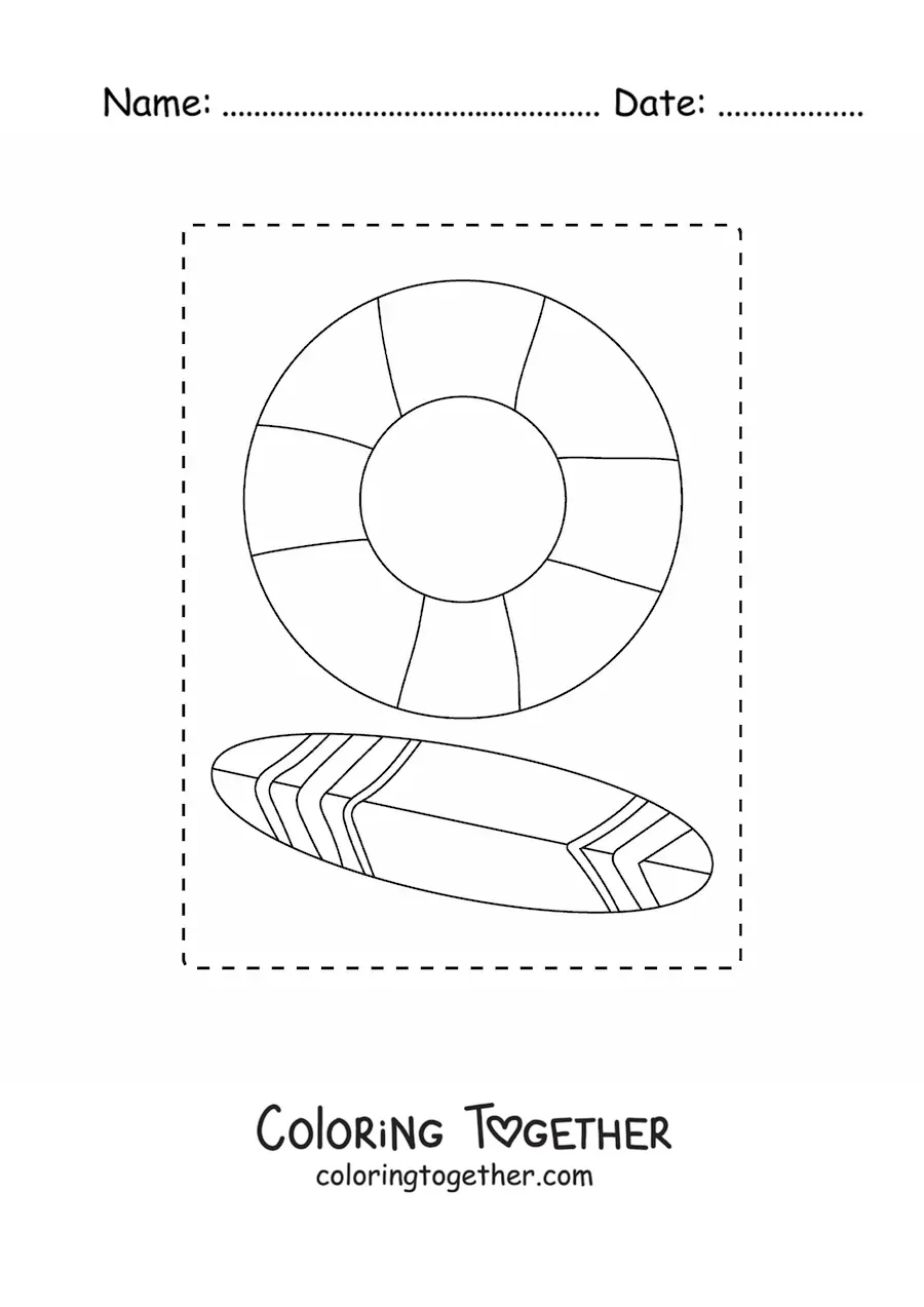 Coloring page of a surfboard and a life ring