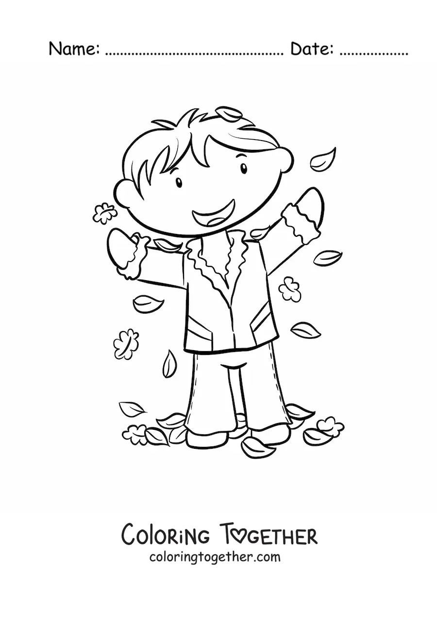Coloring page of a child playing with autumn leaves
