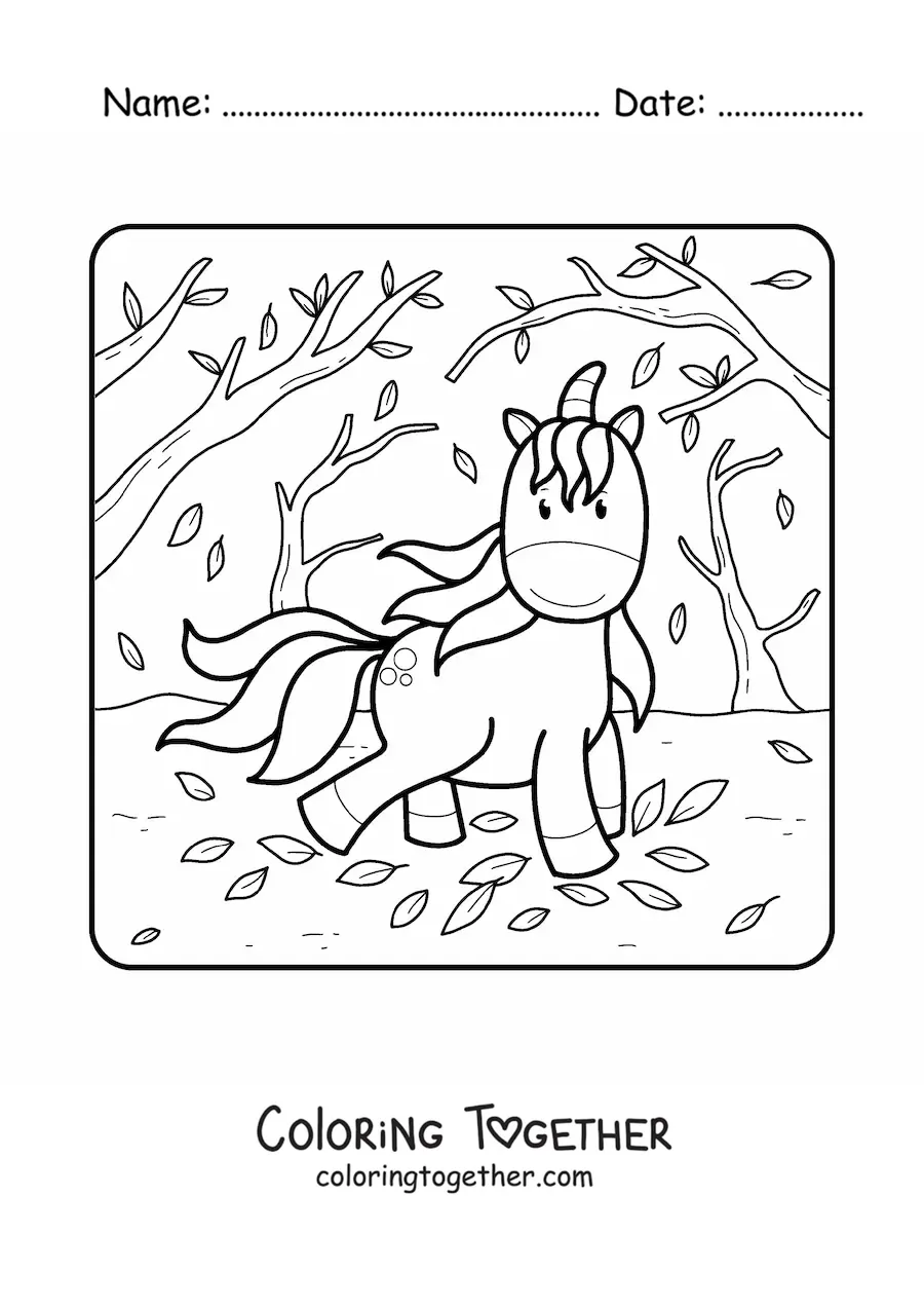 Coloring page of a kawaii unicorn in autumn