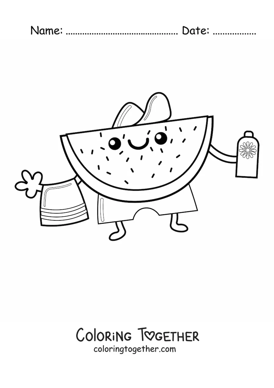 Coloring page of a summery animated watermelon with a towel and sunscreen