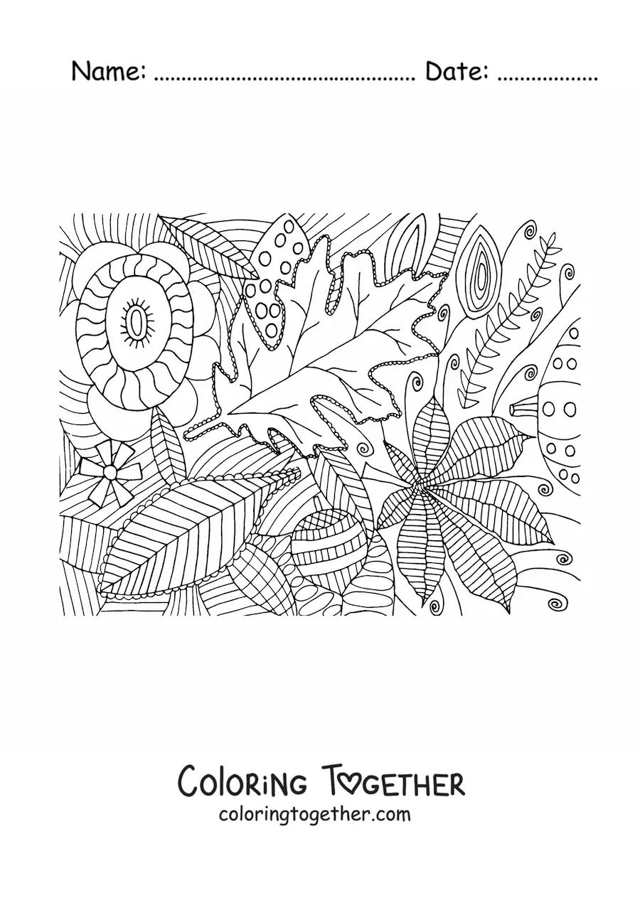Coloring page of several autumn leaves