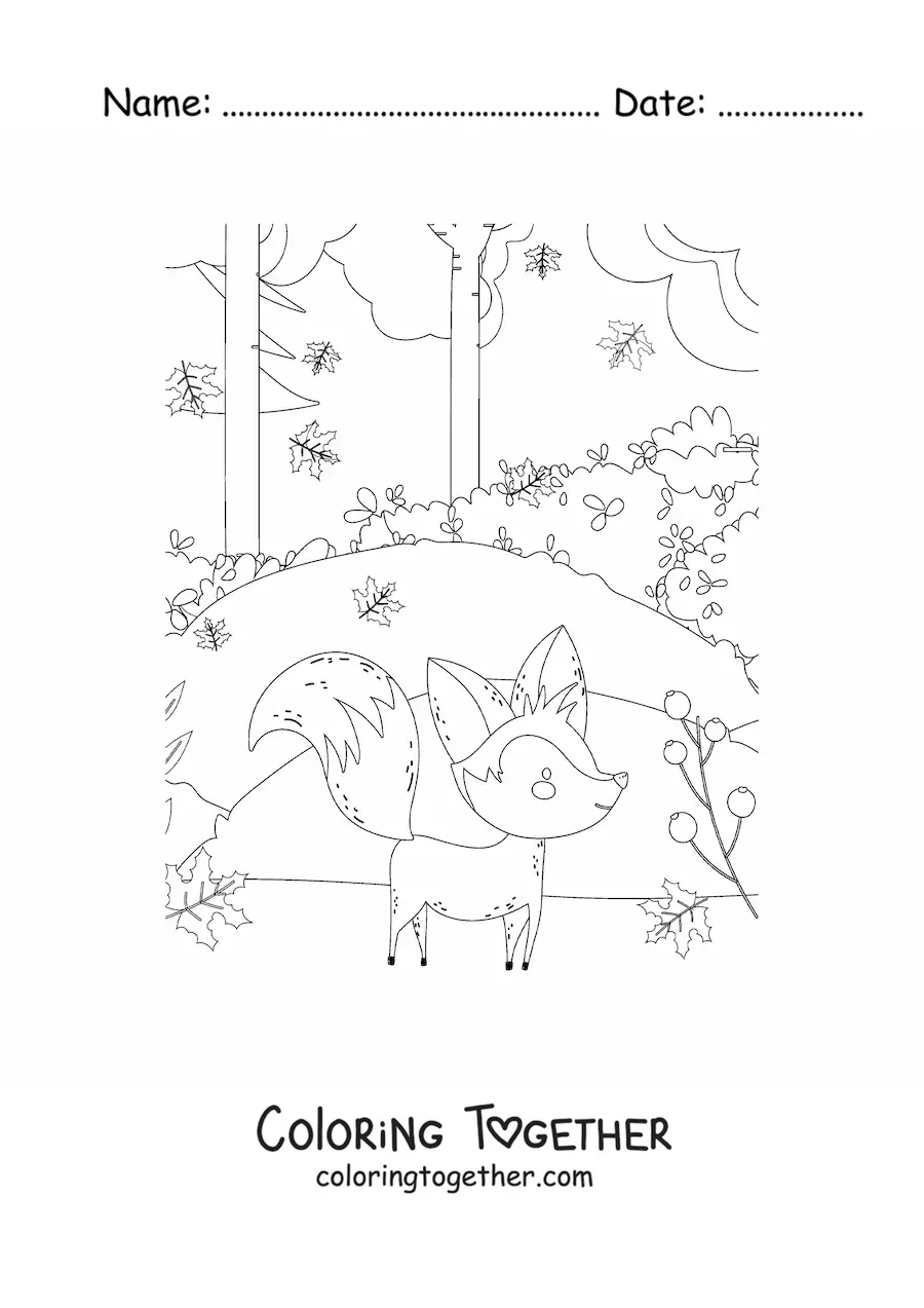 Coloring page of a fox in an autumn forest