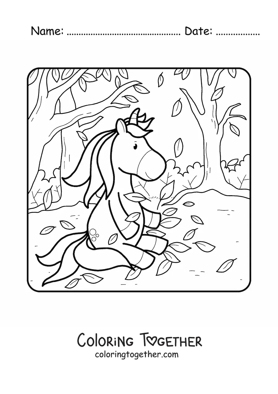 Coloring page of a unicorn playing with autumn leaves