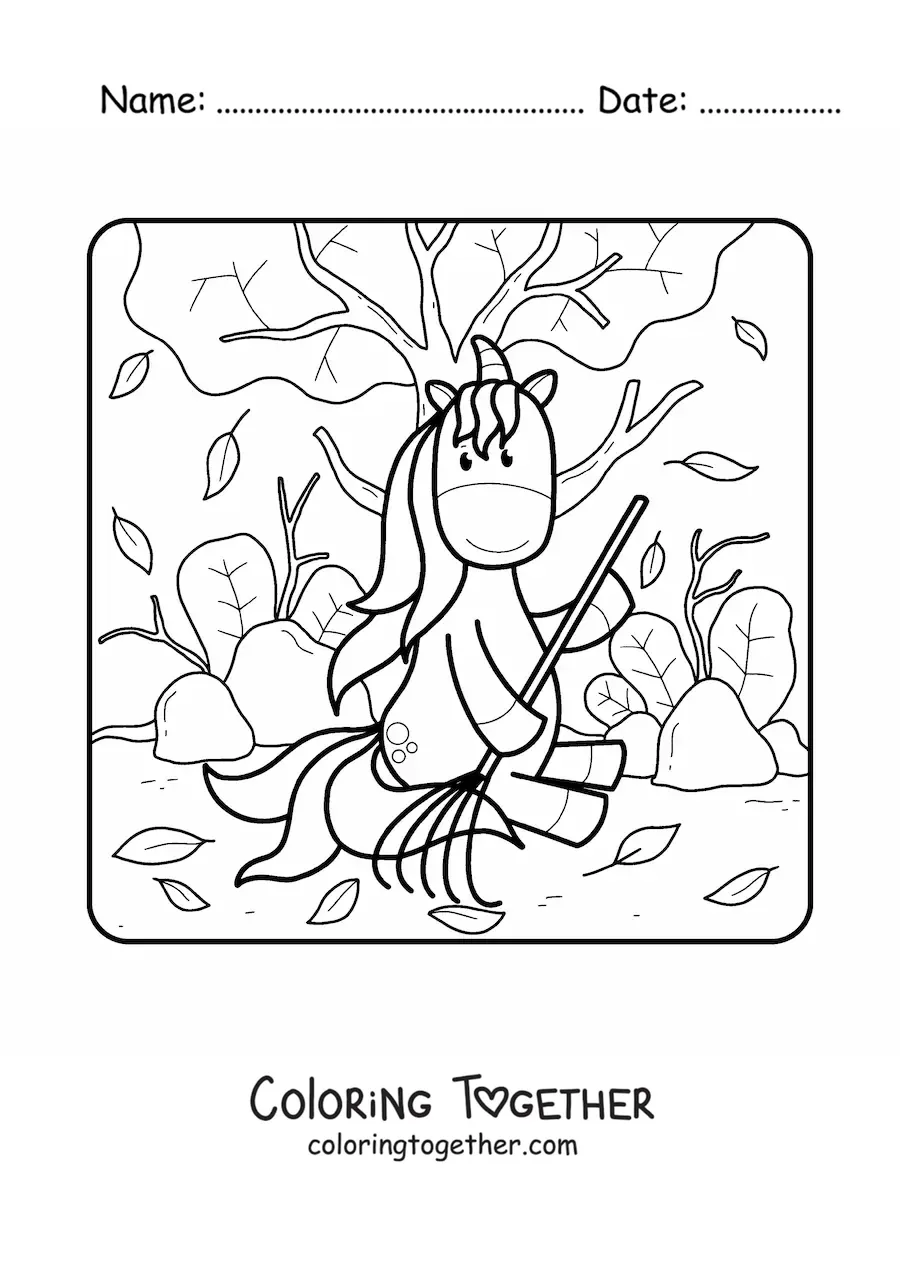 Coloring page of a cartoon unicorn sweeping autumn leaves