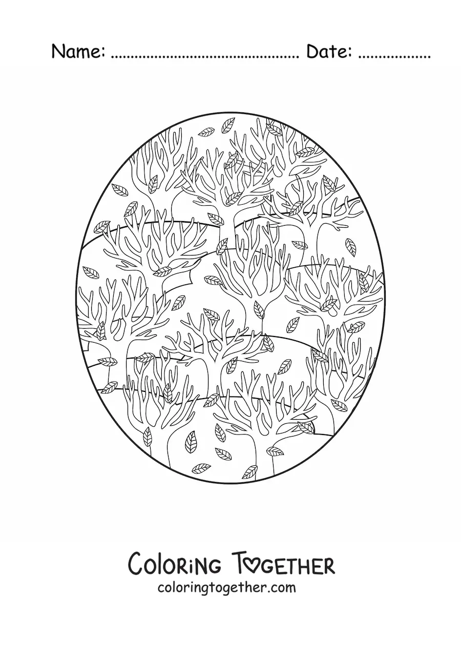 Coloring page of several trees in autumn