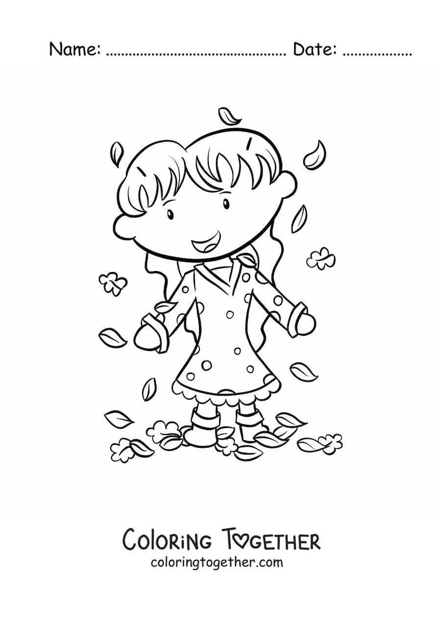 Coloring page of a girl playing with autumn leaves