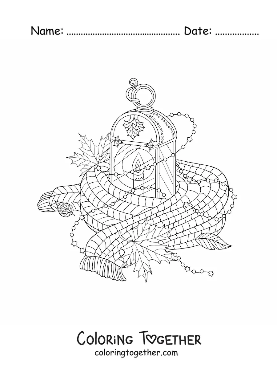 Coloring page of a scarf and dry leaves next to a lantern as autumn elements