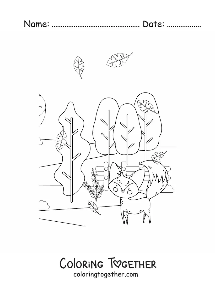 Coloring page of a fox and an autumn landscape