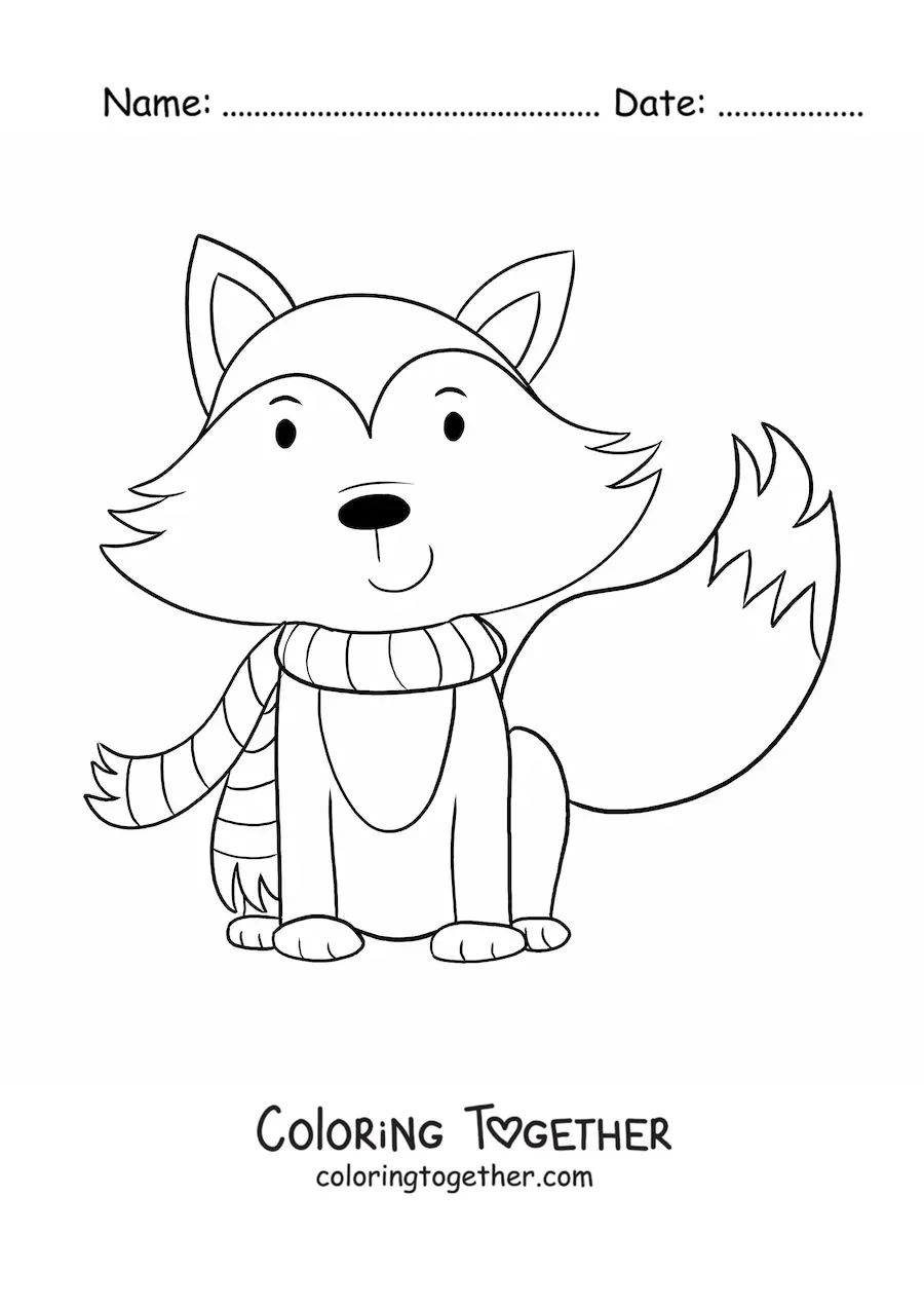 Coloring page of a cartoon fox wearing a scarf for autumn