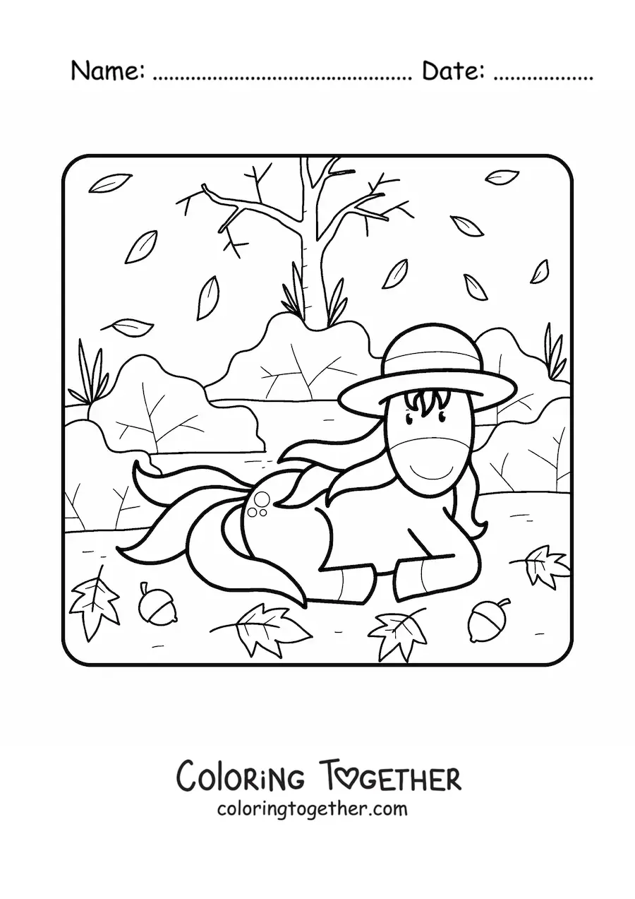Coloring page of a cartoon unicorn resting on dry leaves