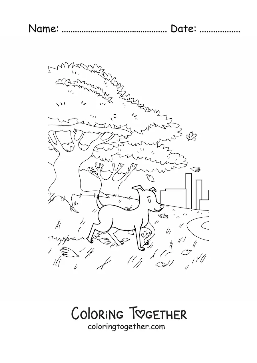 Coloring page of a dog and an autumn landscape