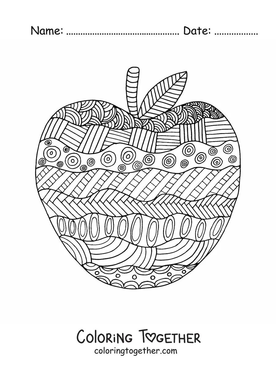 Coloring page of an apple drawn with an autumn design