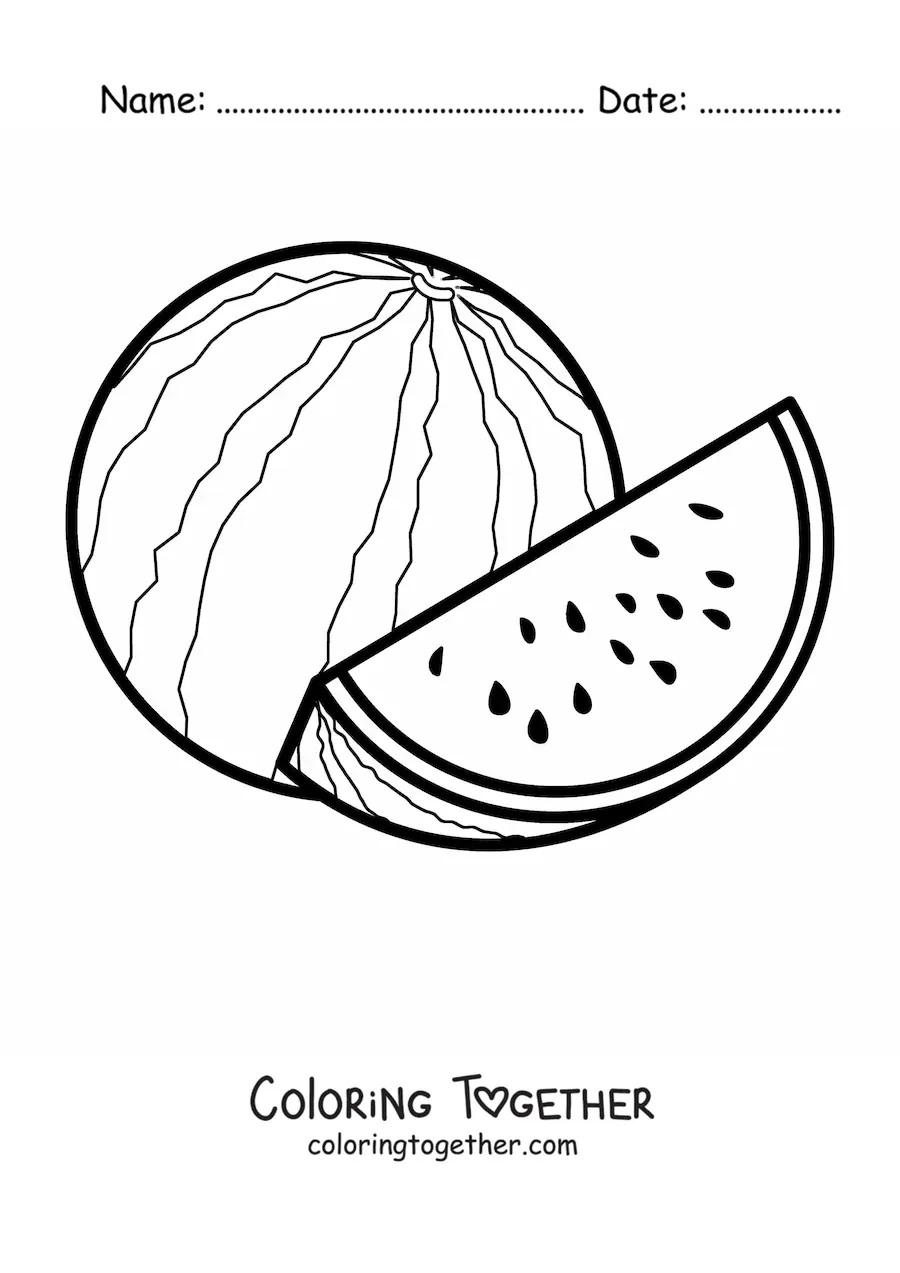 Coloring page of a whole watermelon next to a piece of watermelon