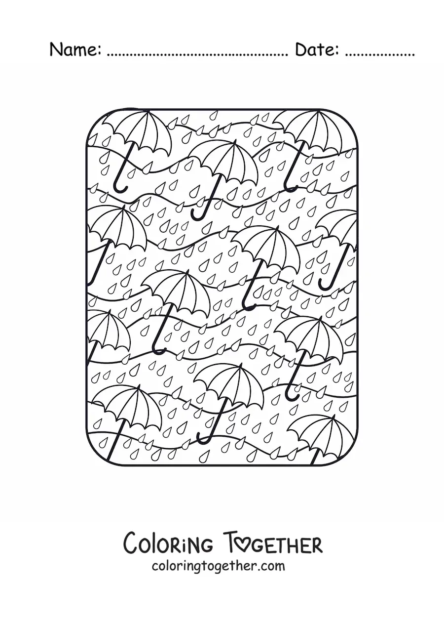 Coloring page of several umbrellas and autumn rain