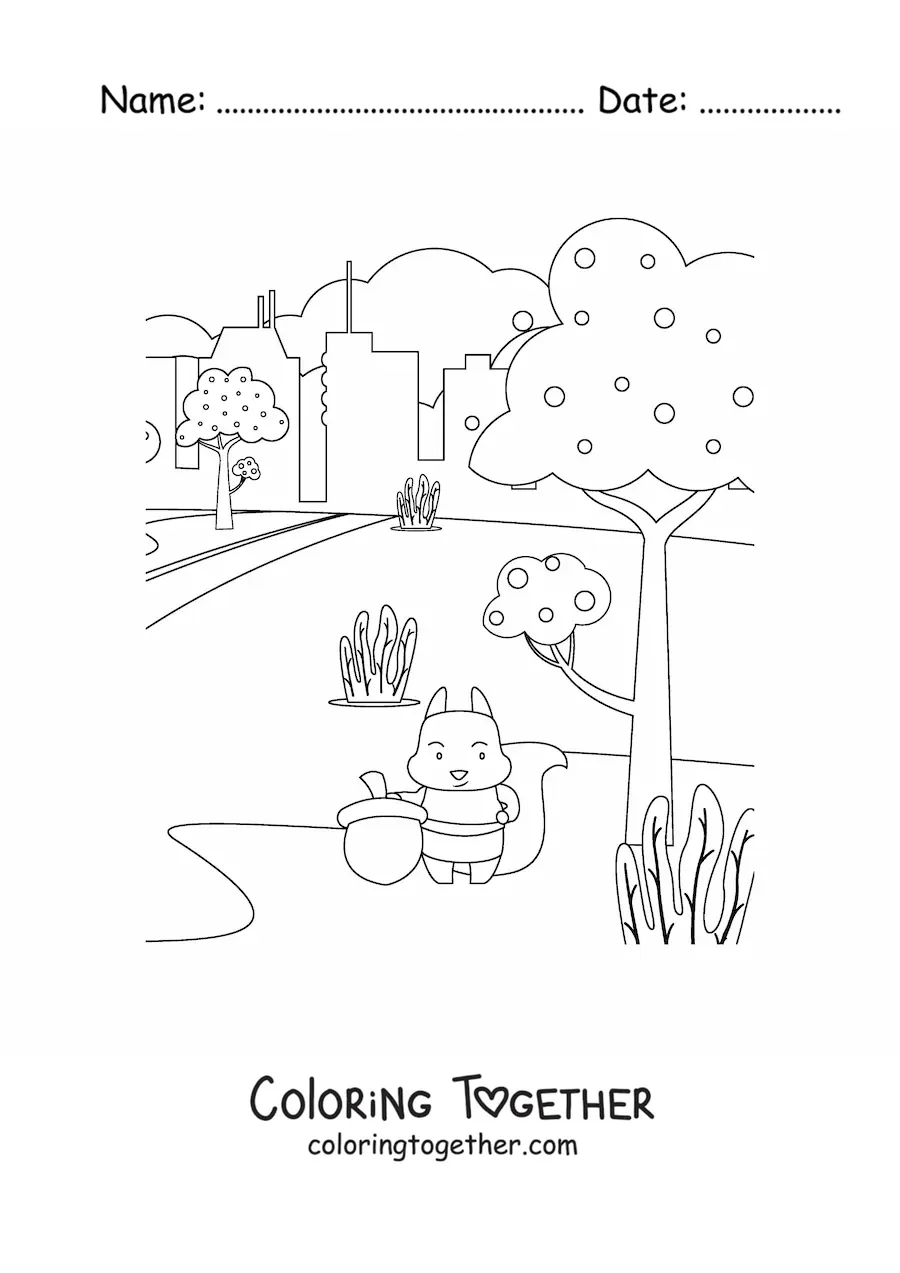 Coloring page of a squirrel in an autumn landscape