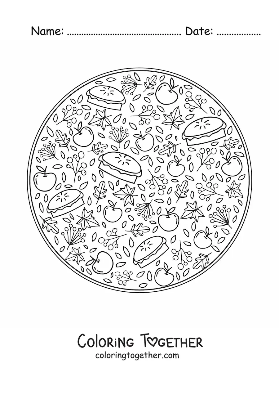 Coloring page of several apples and feet for autumn