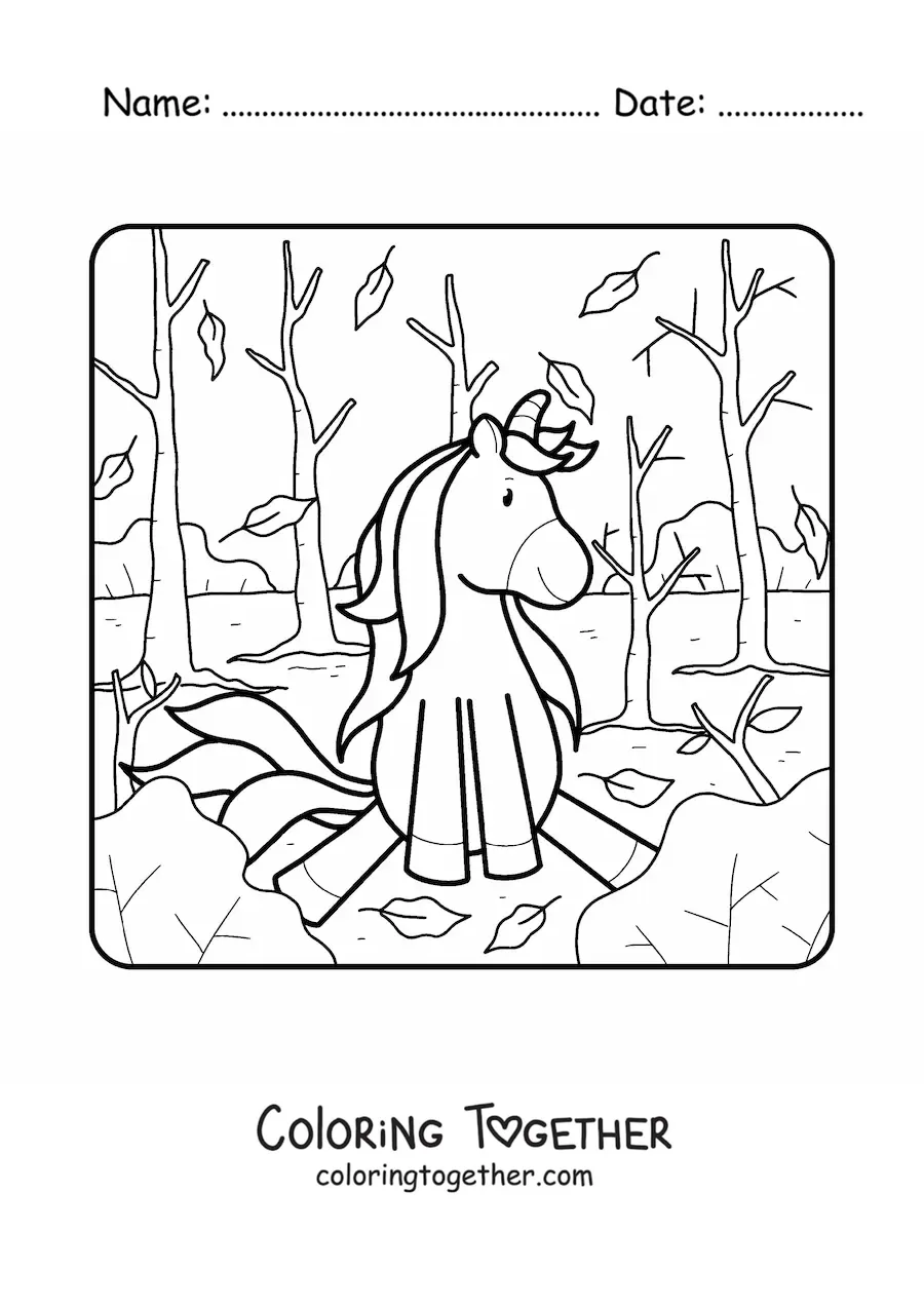 Coloring page of a cartoon unicorn in autumn