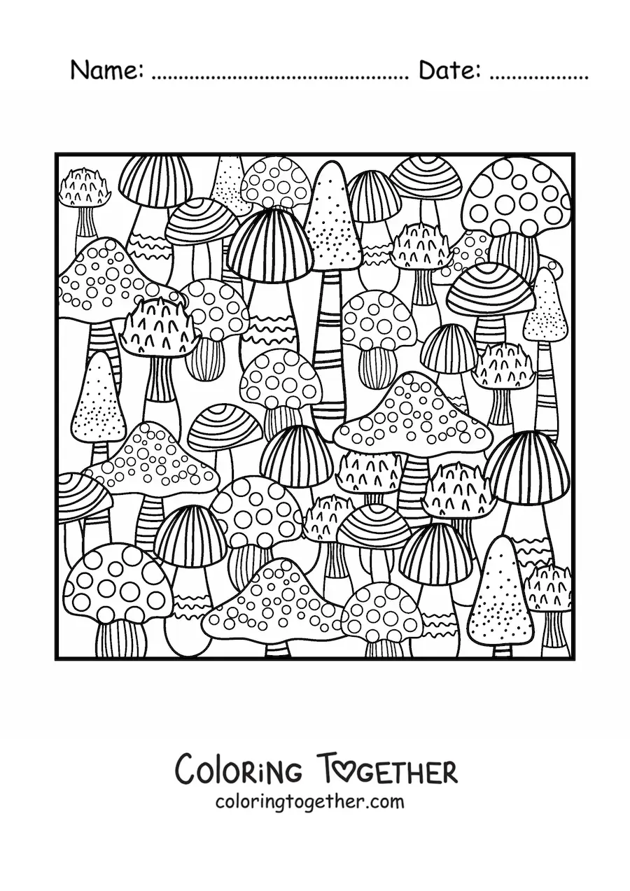 Coloring page of several autumn mushrooms