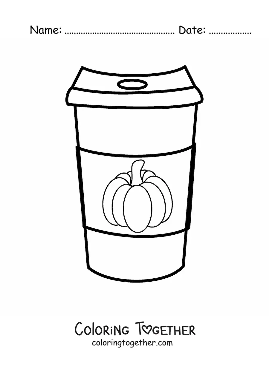 Coloring page of a coffee cup decorated with a pumpkin