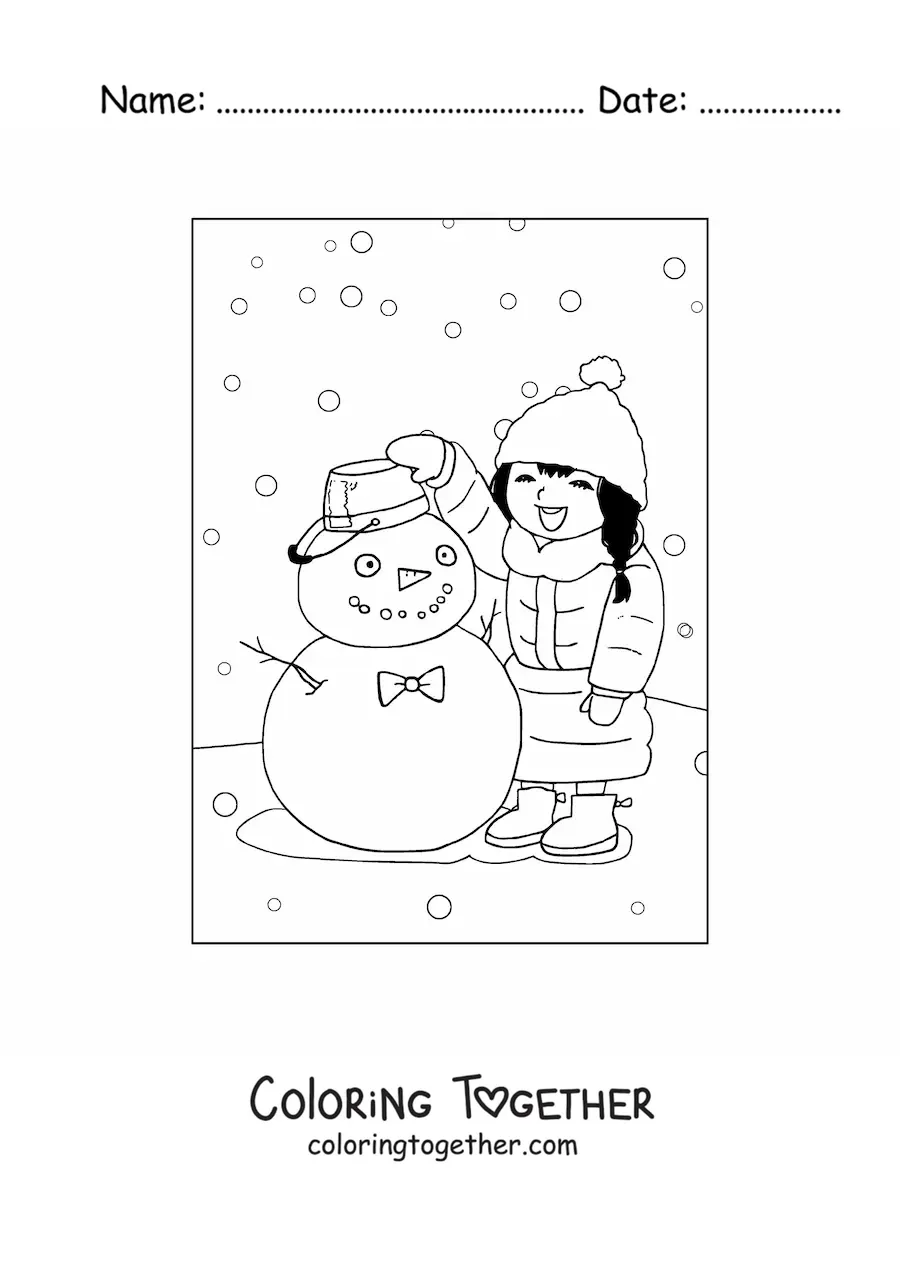 Coloring page of a girl in winter with a snowman