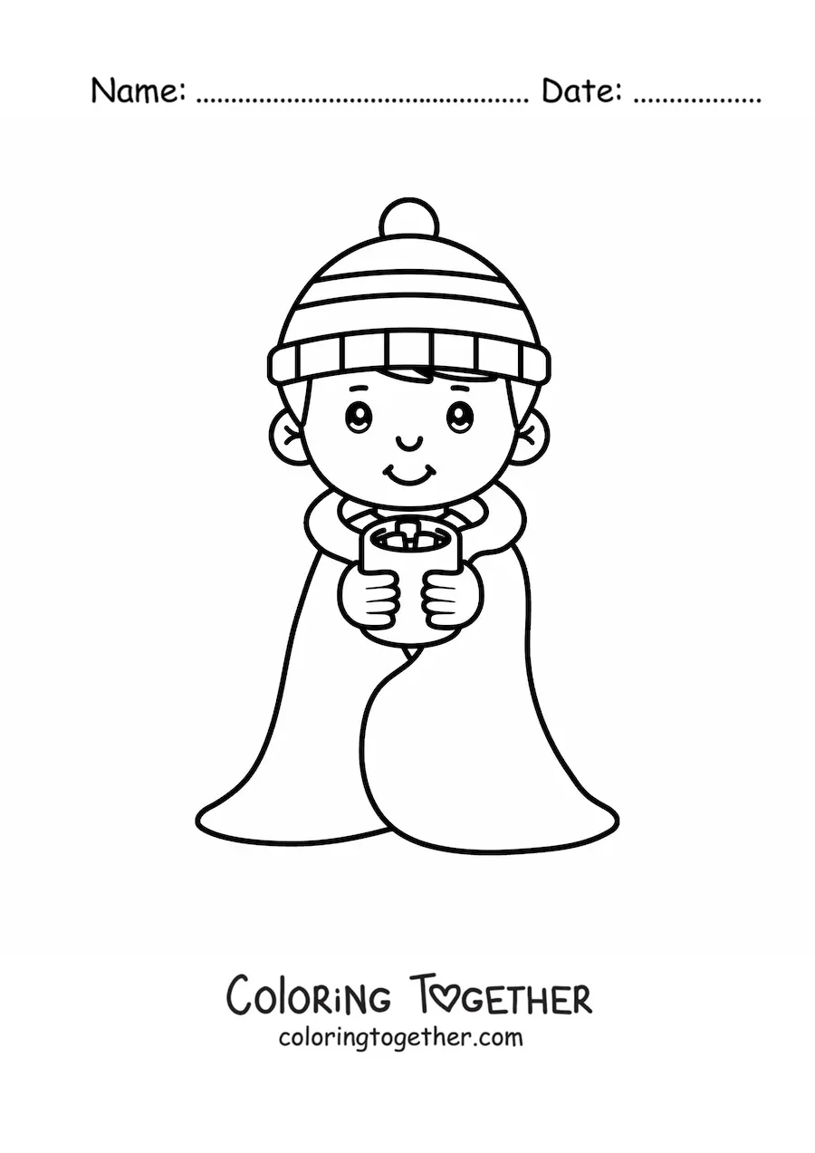 Coloring page of a child feeling cold in winter