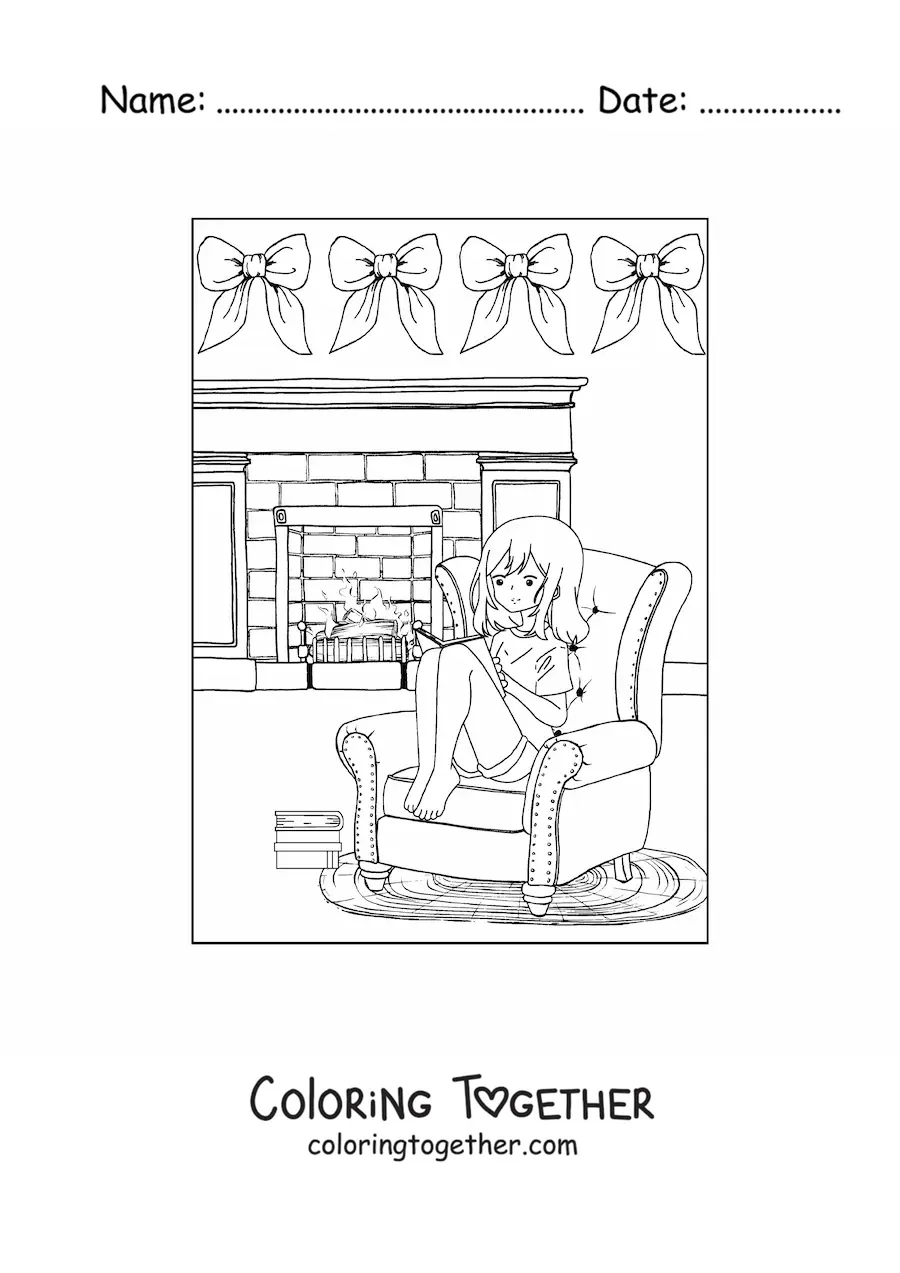 Coloring page of a girl sitting by the fireplace in winter