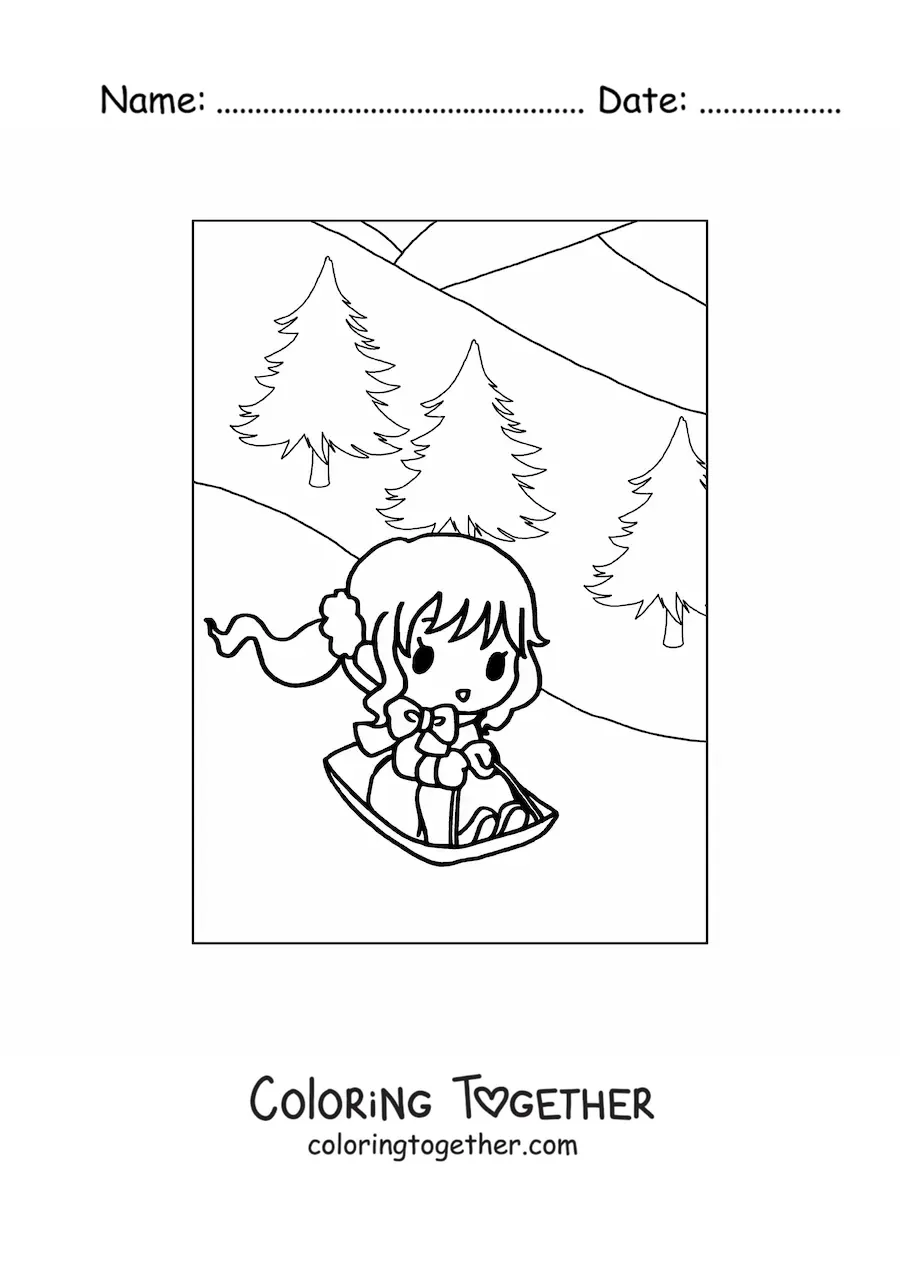 Coloring page of a kawaii girl with a sled