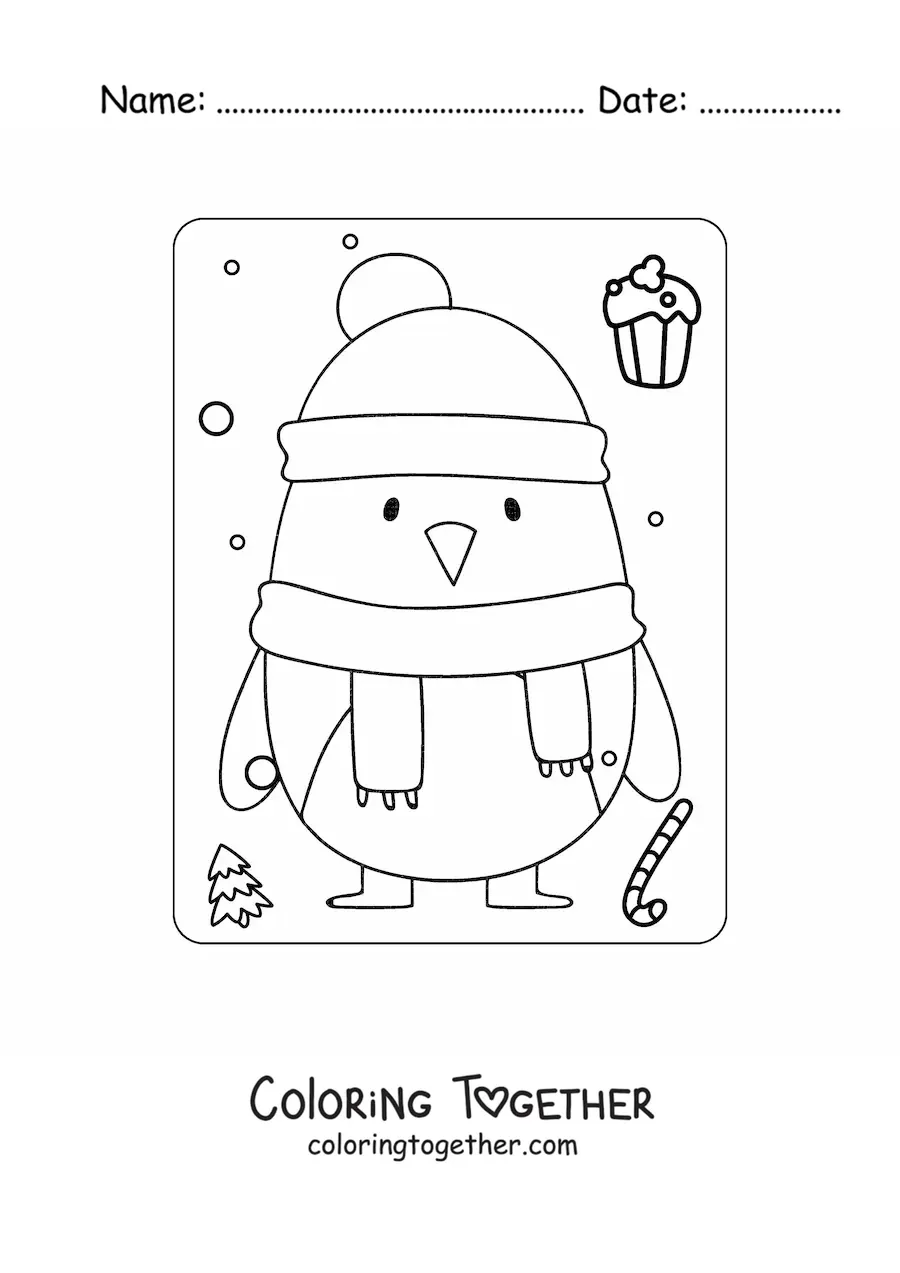 Coloring page of a kawaii penguin in winter