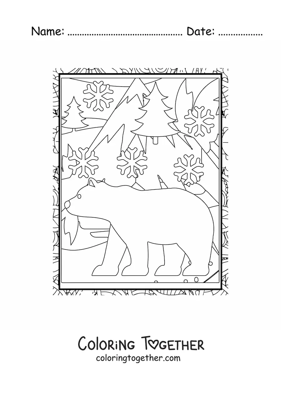 Coloring page of a polar bear in winter