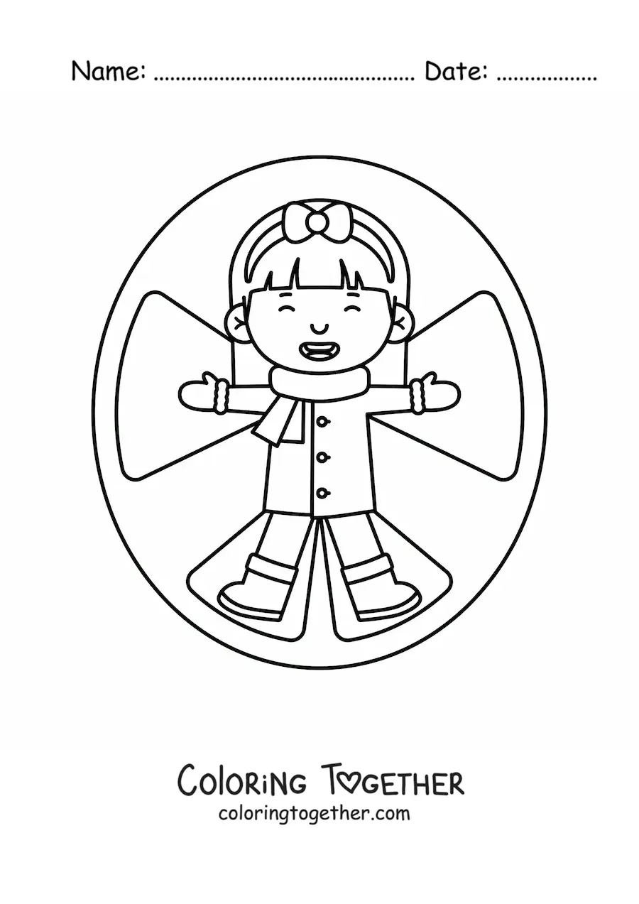 Coloring page of a child making a snow angel