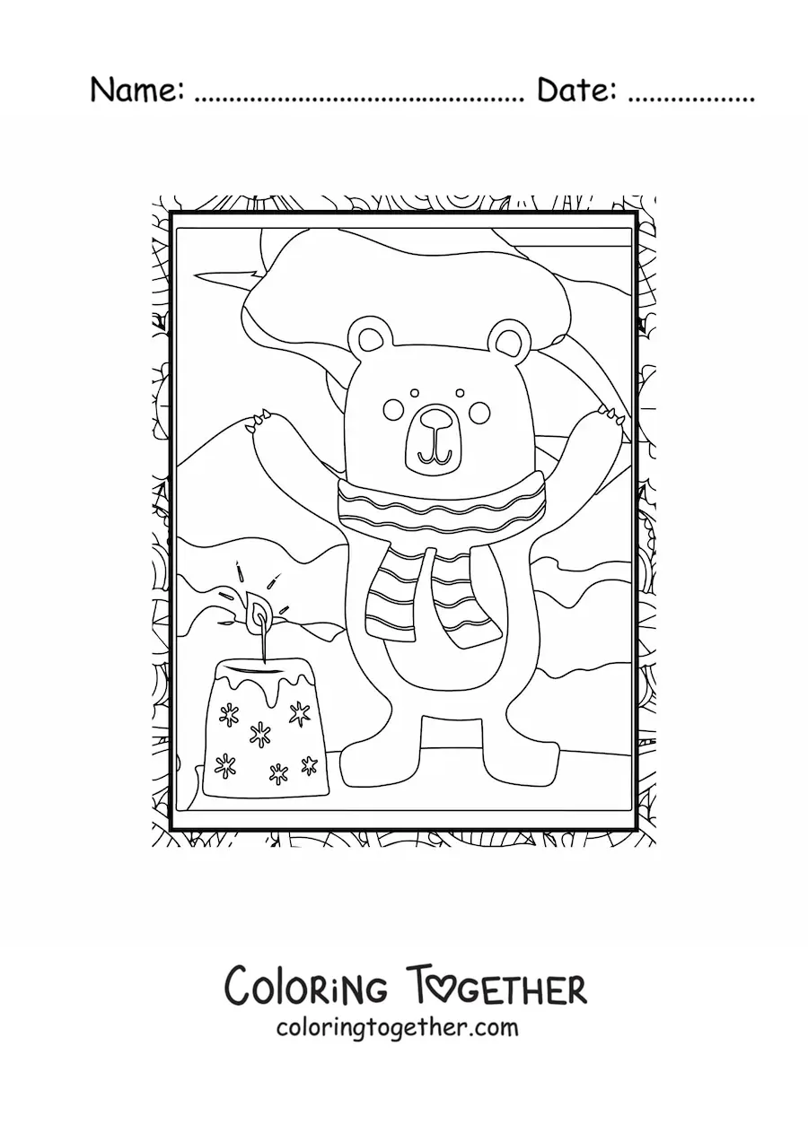 Coloring page of an animated bear in winter