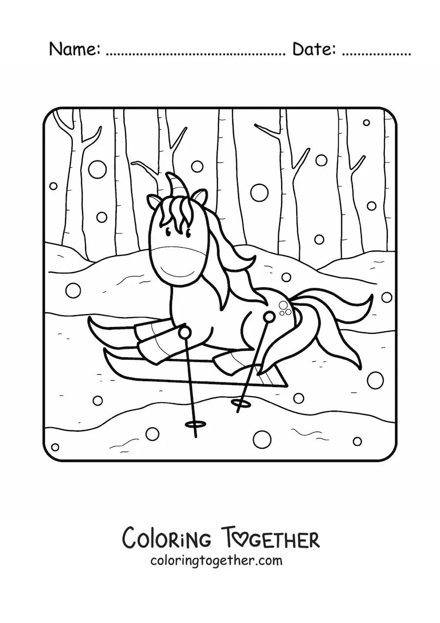 Coloring page of an animated unicorn skiing in winter