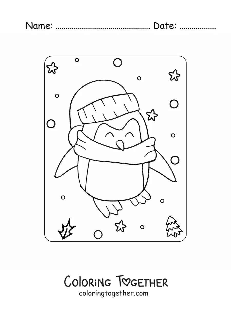 Coloring page of a kawaii penguin with a scarf