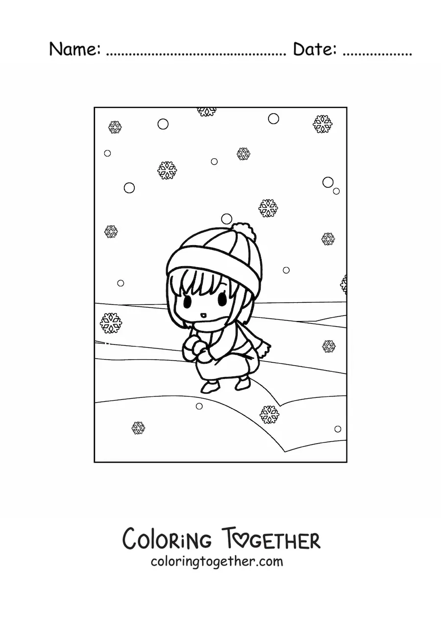 Coloring page of a kawaii girl playing in the snow