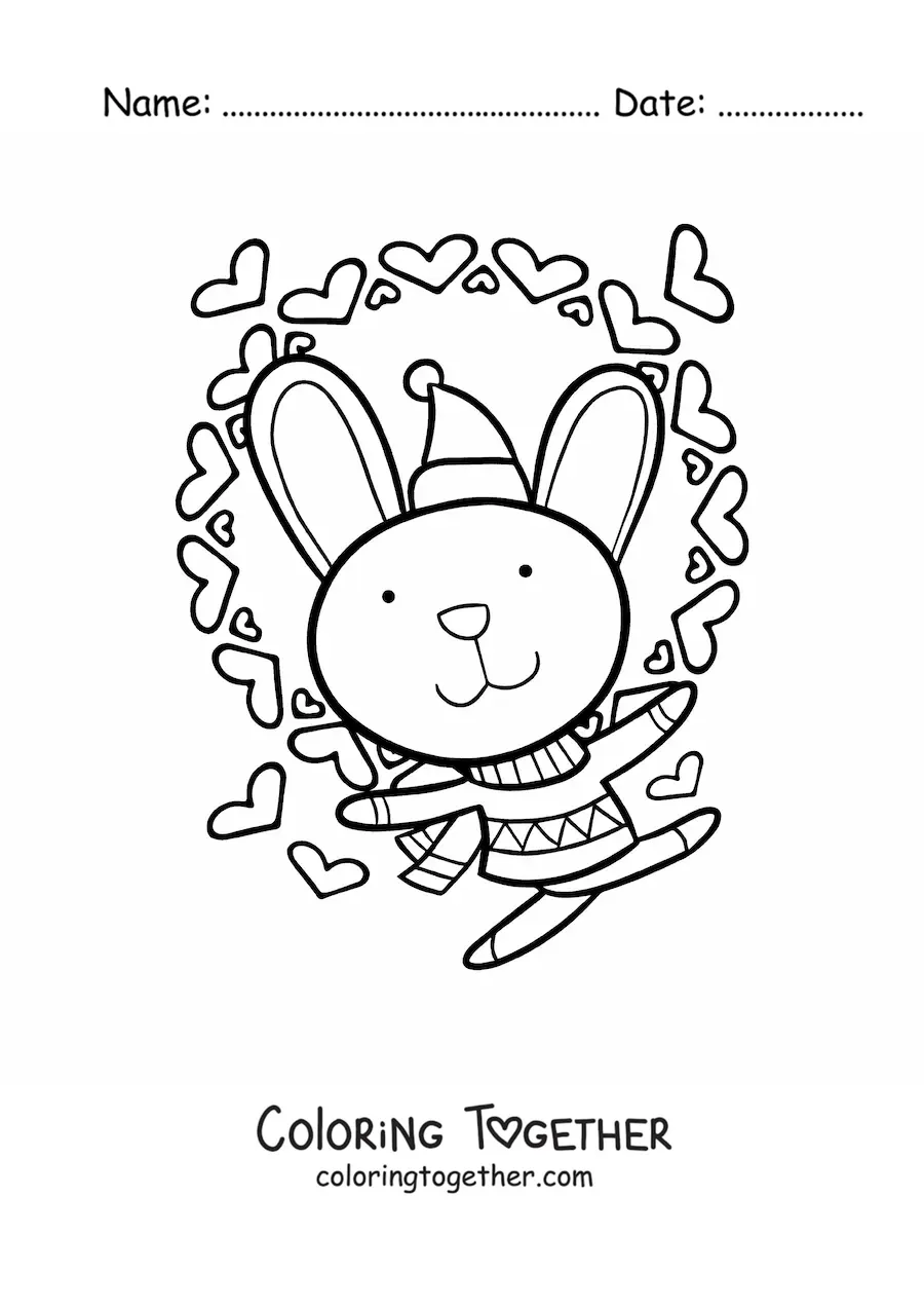 Coloring page of a kawaii bunny with a winter scarf and hat